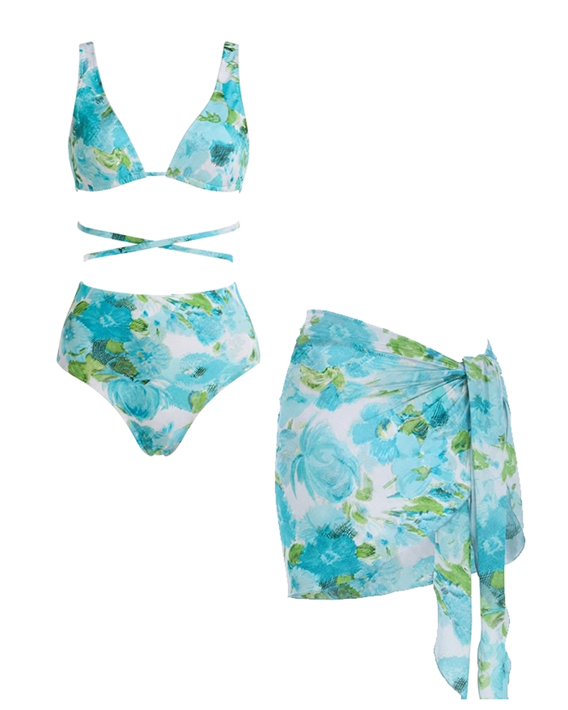 Abstract Blue Floral Swimsuit Set