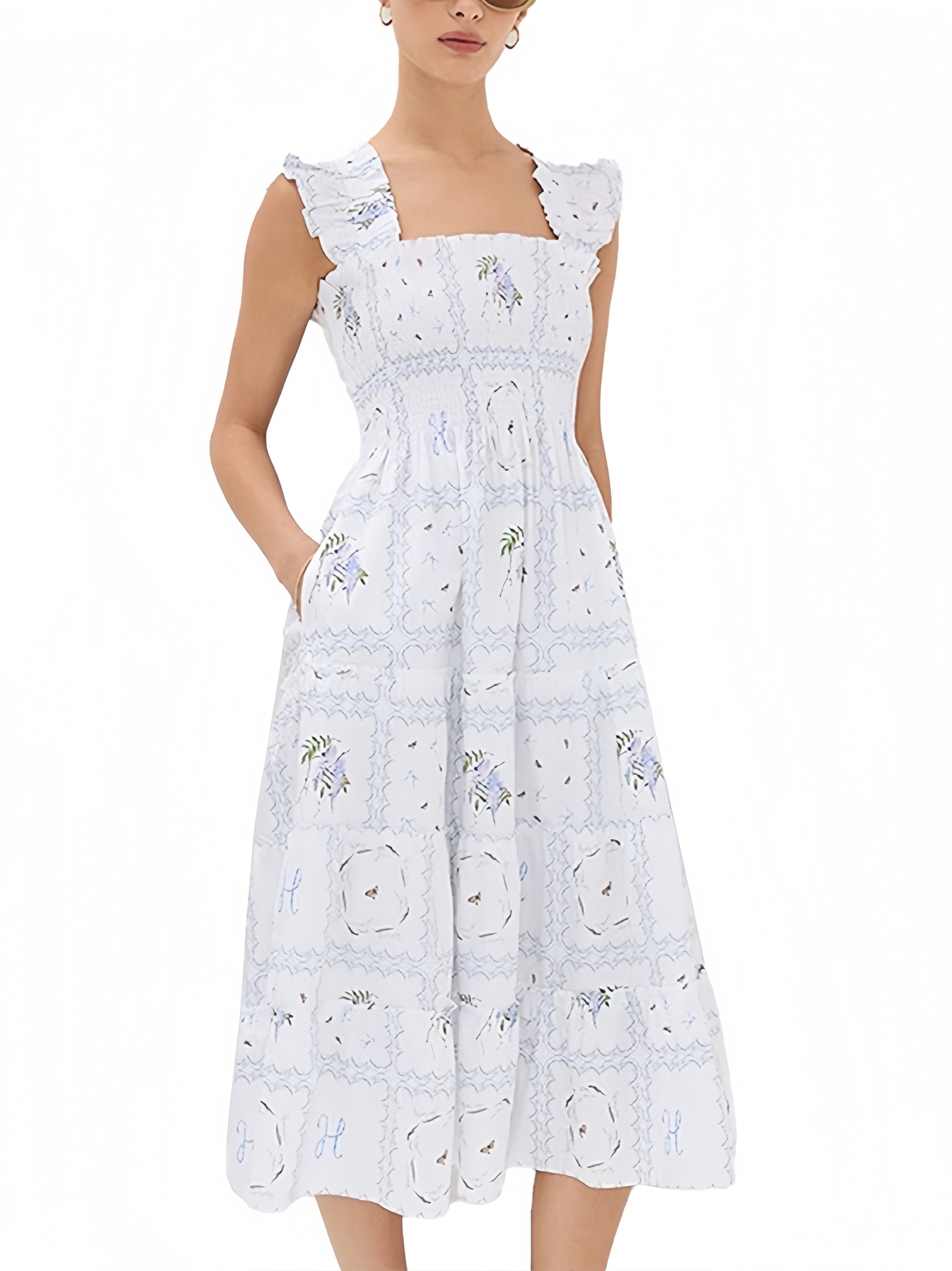 Sexy Printed Beachwear Custom Embroidered Square Neck Bohemian Maxi Dress