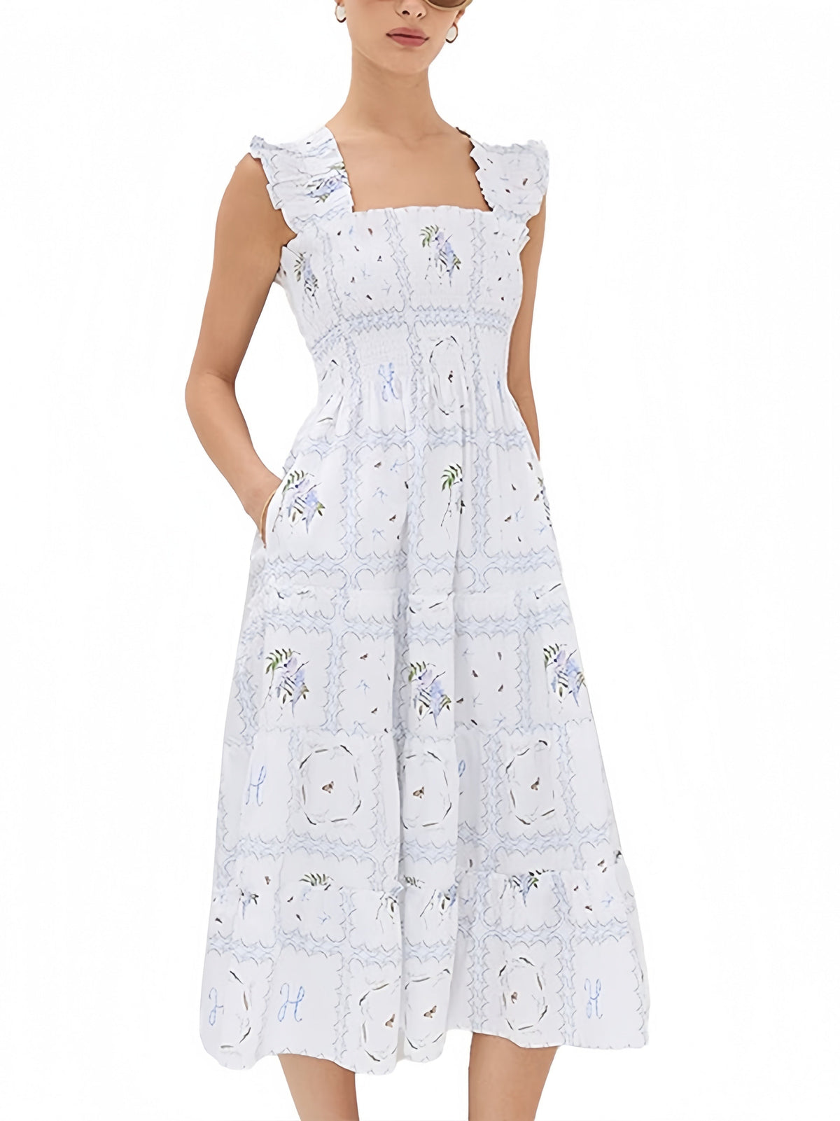Sexy Printed Beachwear Custom Embroidered Square Neck Bohemian Maxi Dress