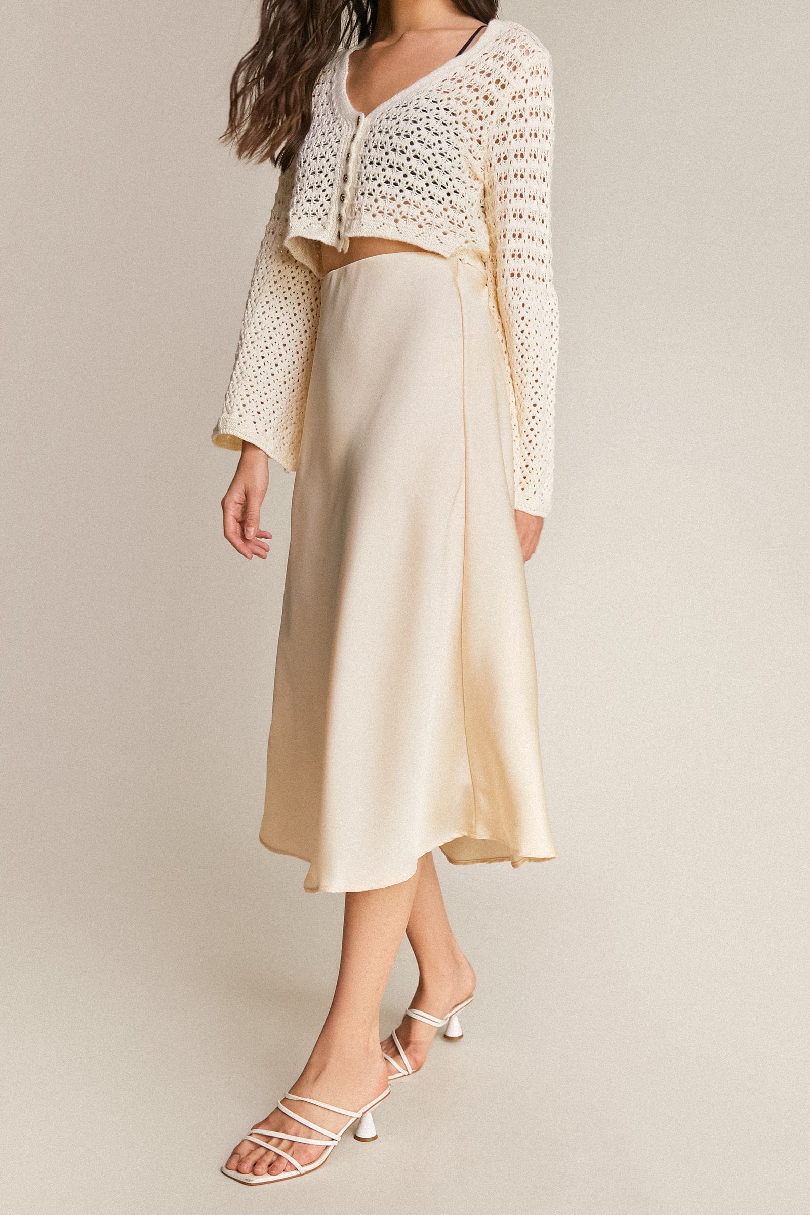 Ivory Satin High Rise A-Line Midi Skirt