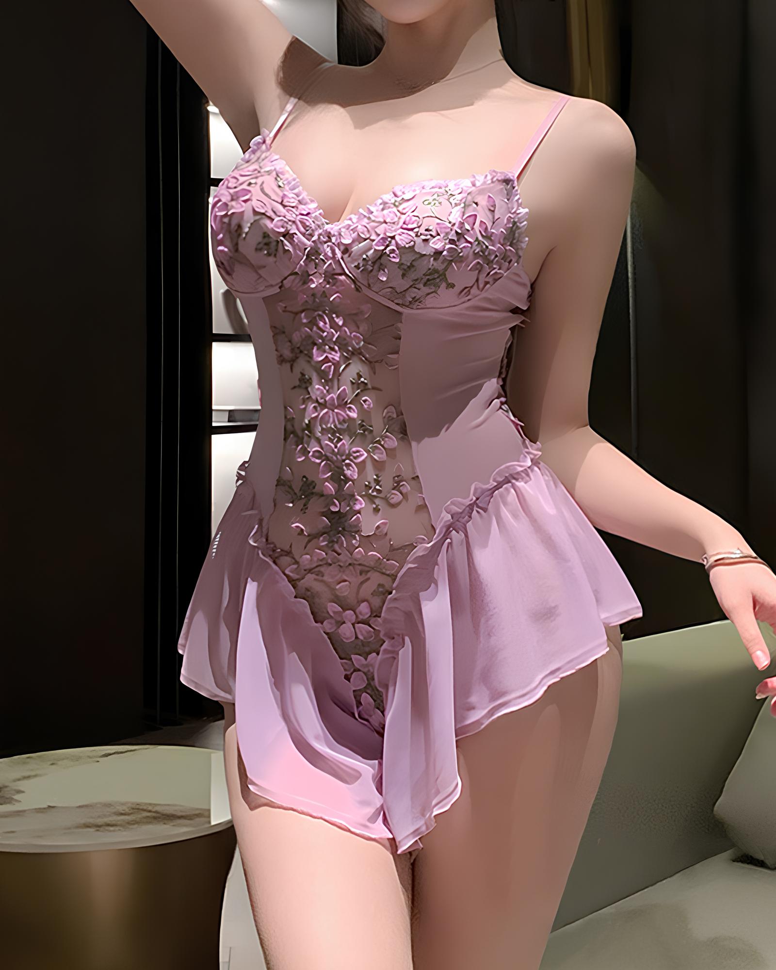 Floral Embroidered Mesh See-through Slip Dress Lingerie