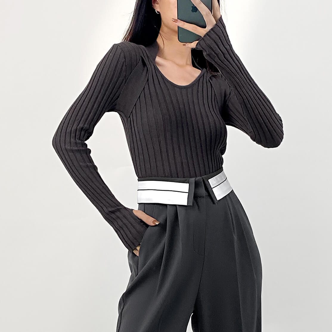 Dim Grey Strap Detail Cut Out Ribbed Knit Sweater