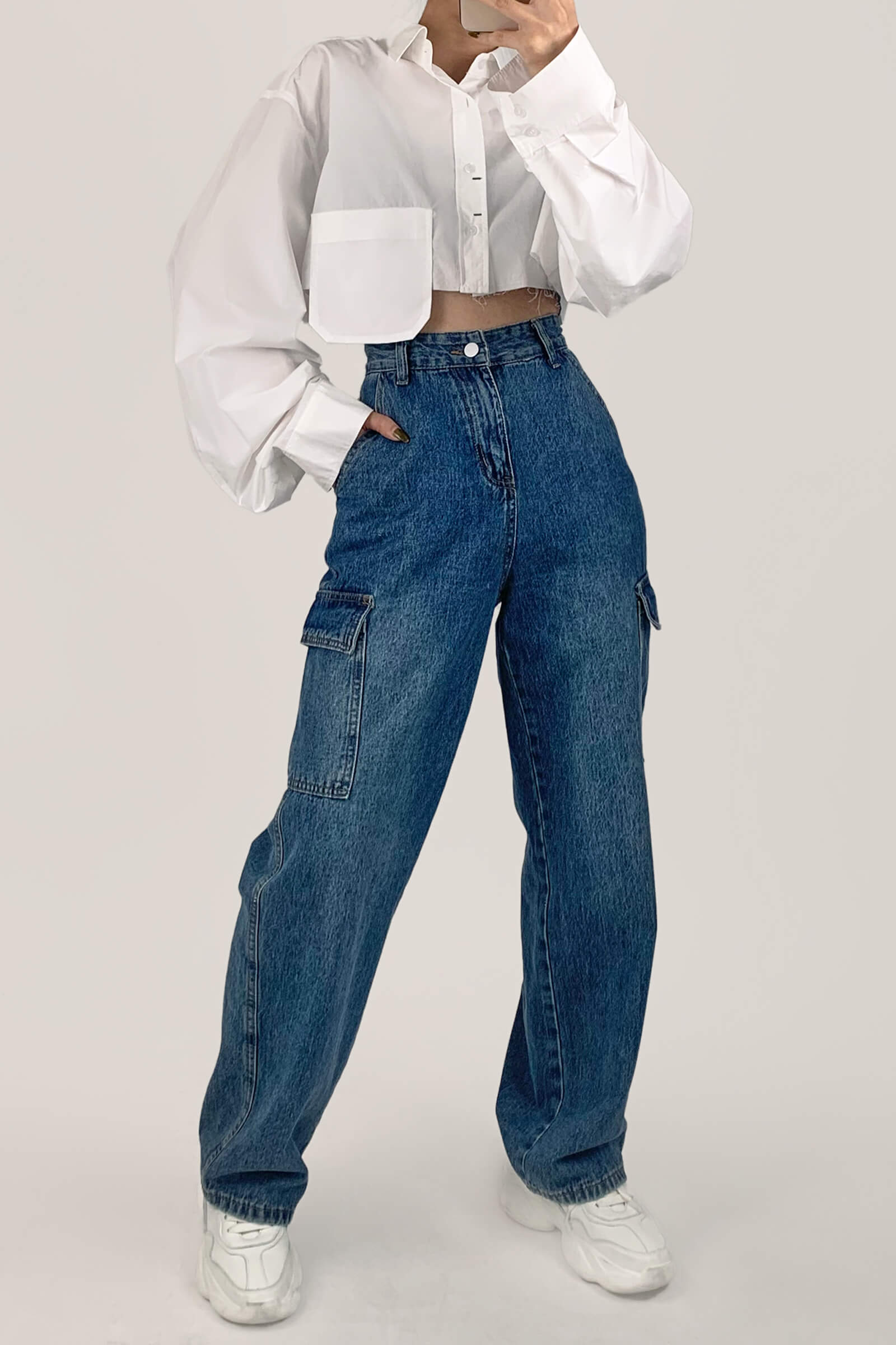 White Pocket Detail Cropped Shirt