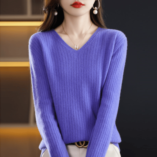 V-Neck Pullover Long Sleeve Solid Color Cashmere Sweater