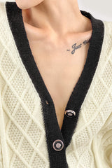Beige Contrast V-Neck Knitted Cardigan