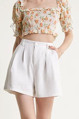 White Pleat Detail Wide Leg A-Line Shorts