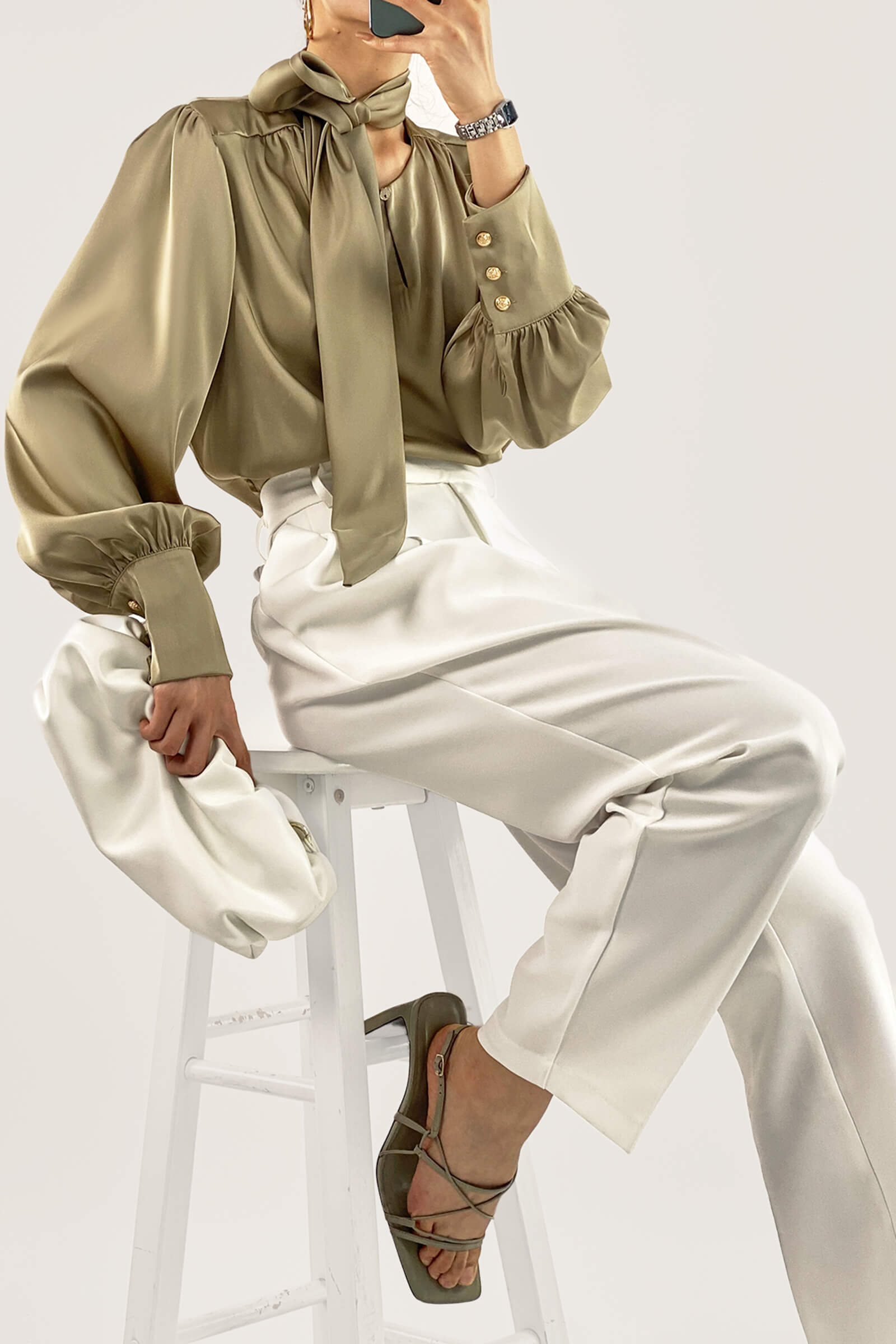 Dark Khaki Satin Ballon Sleeve Blouse