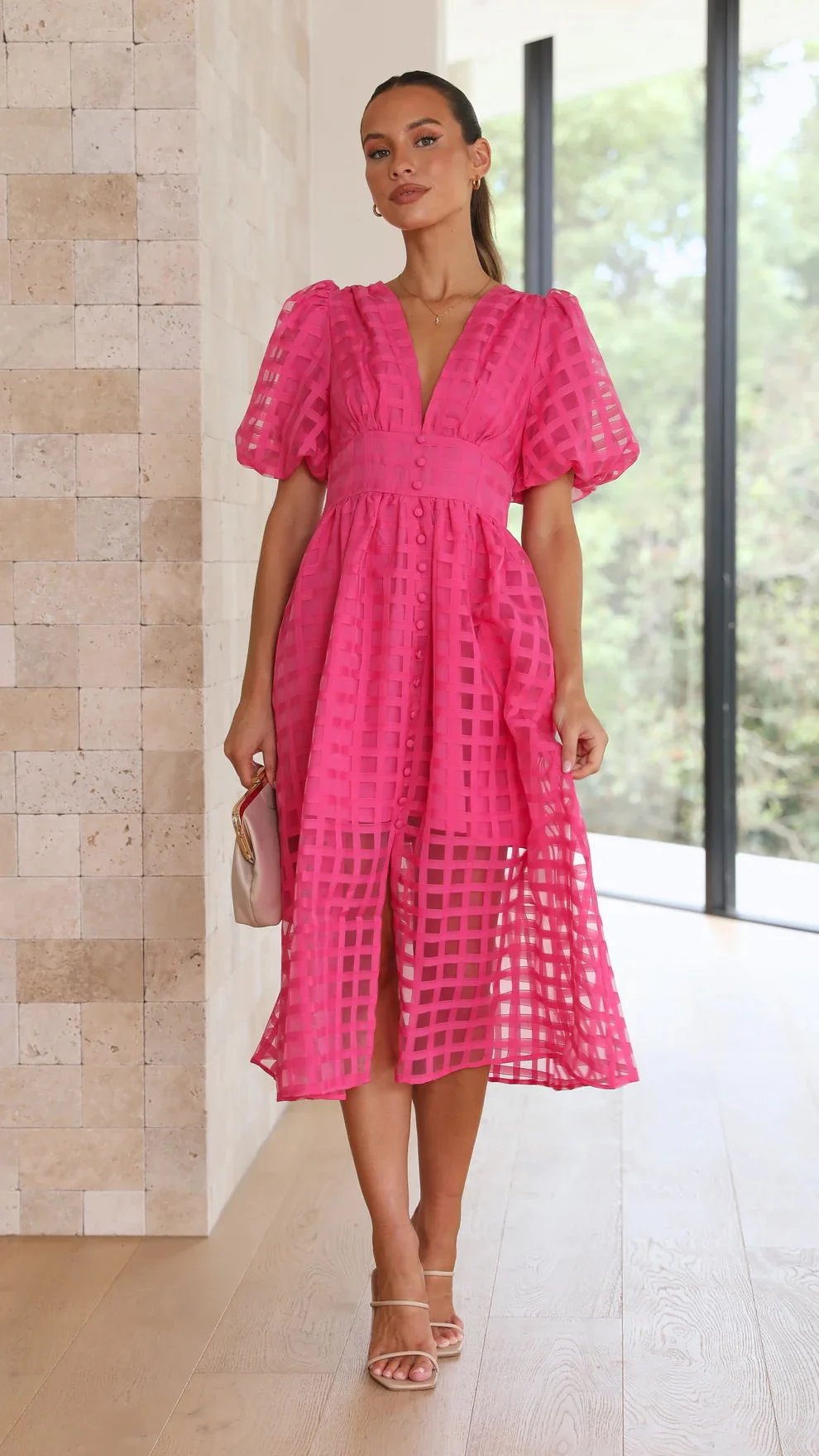 Beautiful square pattern fabric puff sleeve midi