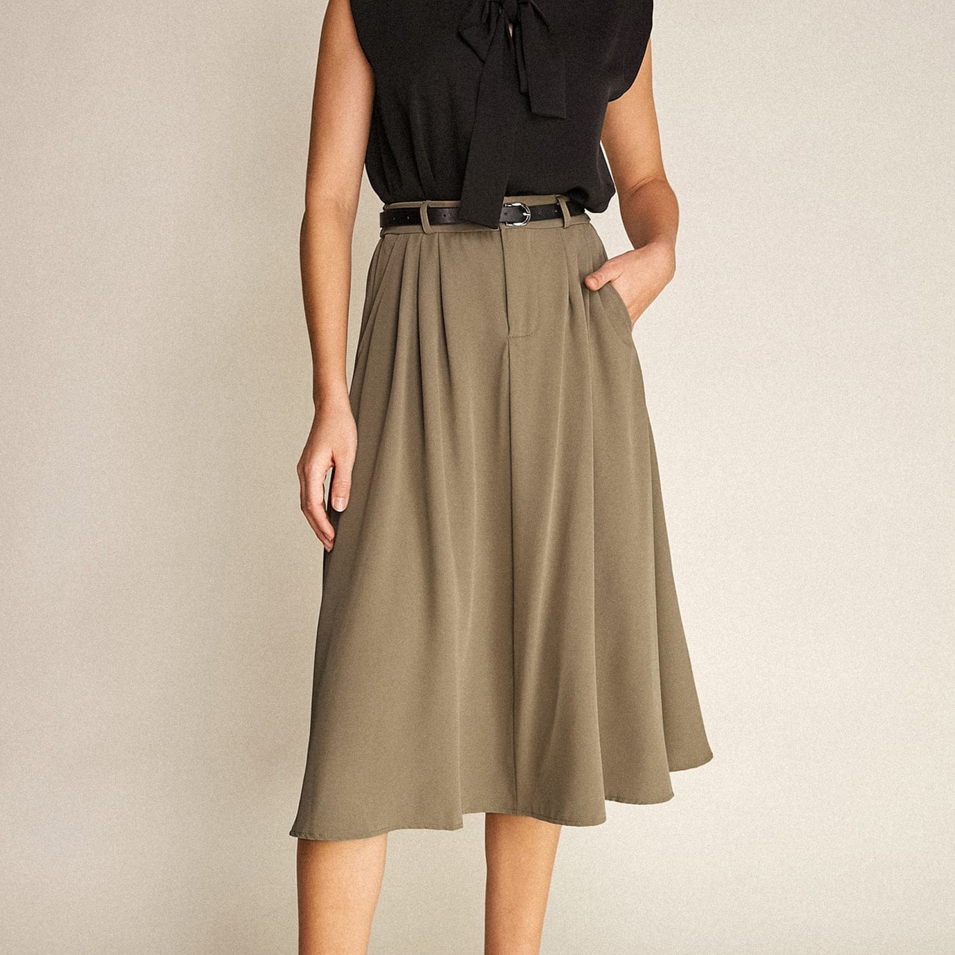 Tan Belted Pleat Detail Midi Skirt
