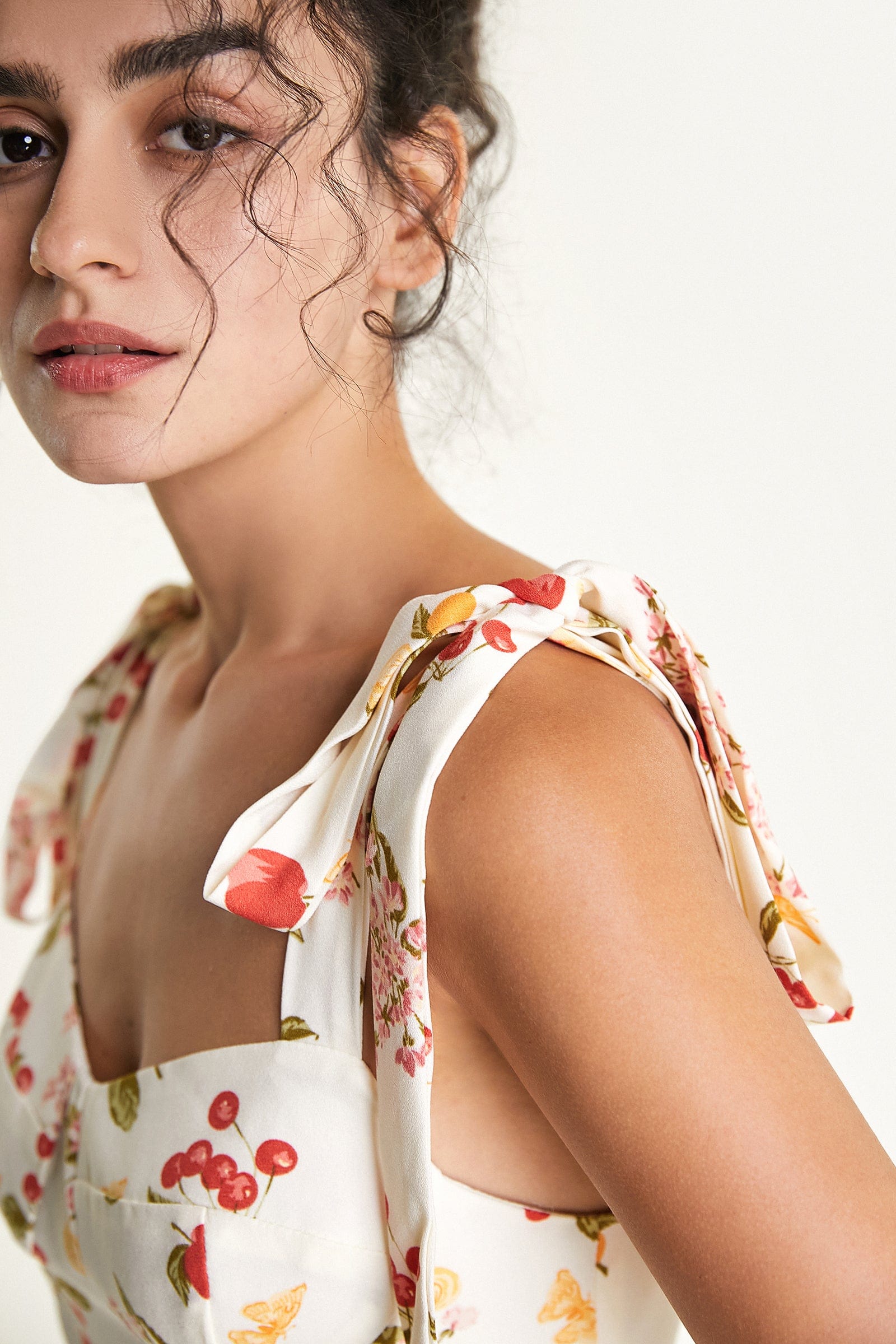 Ivory Fruit Print Tie Strap Mini Dress