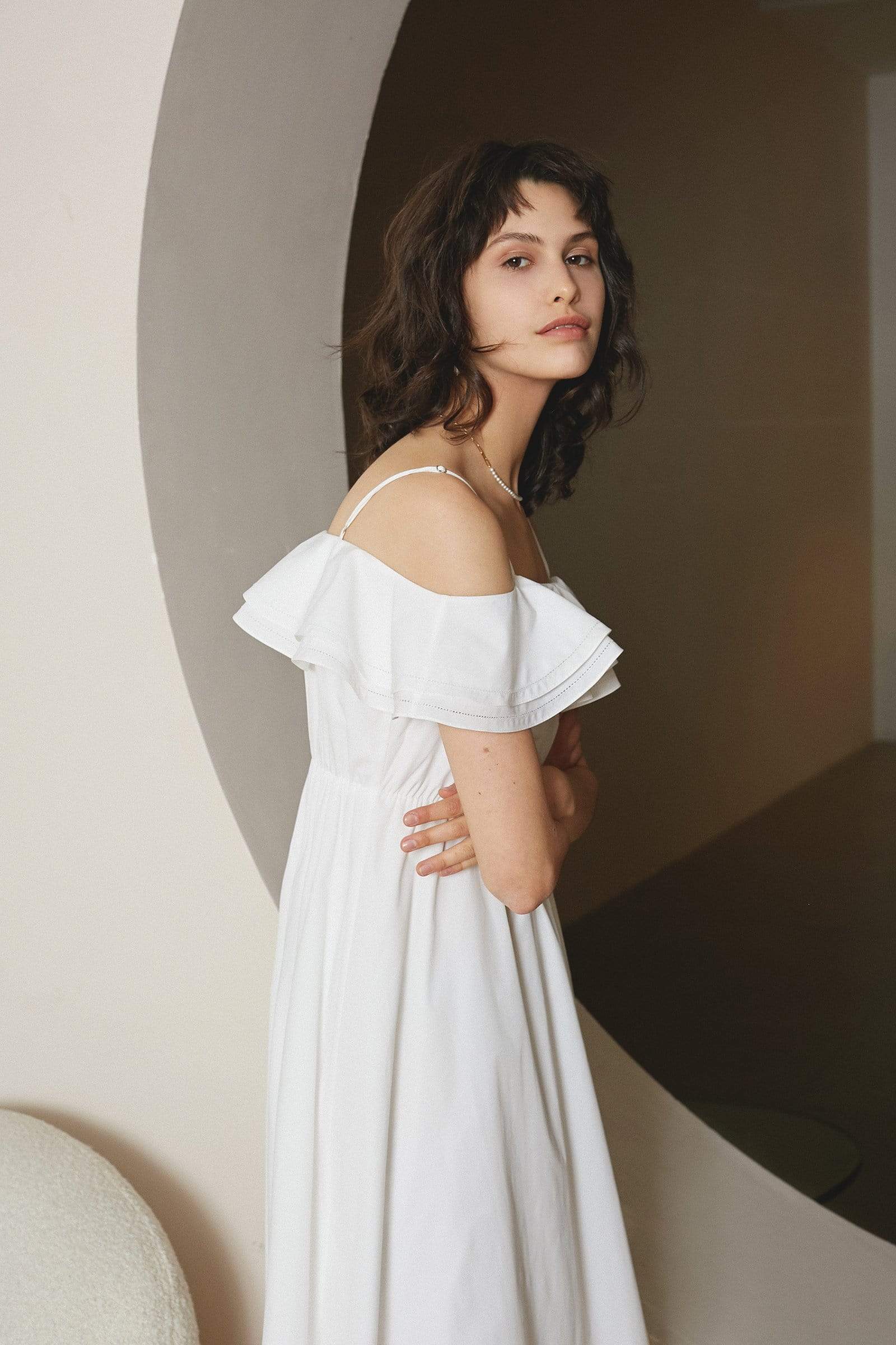 White Petal Neckline Midi Dress