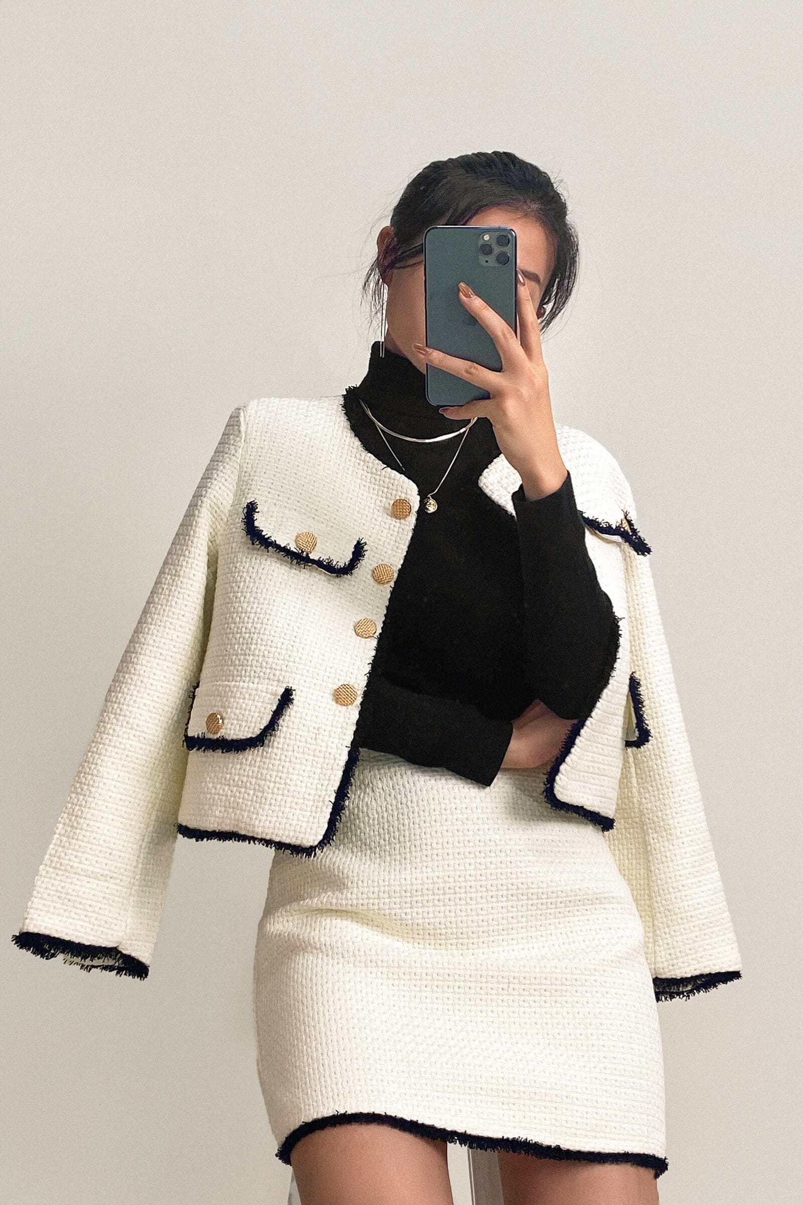 White Contrast Frayed Trim Tweed Jacket & Mini Skirt Two-Piece Set