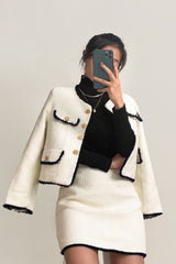 White Contrast Frayed Trim Tweed Jacket & Mini Skirt Two-Piece Set