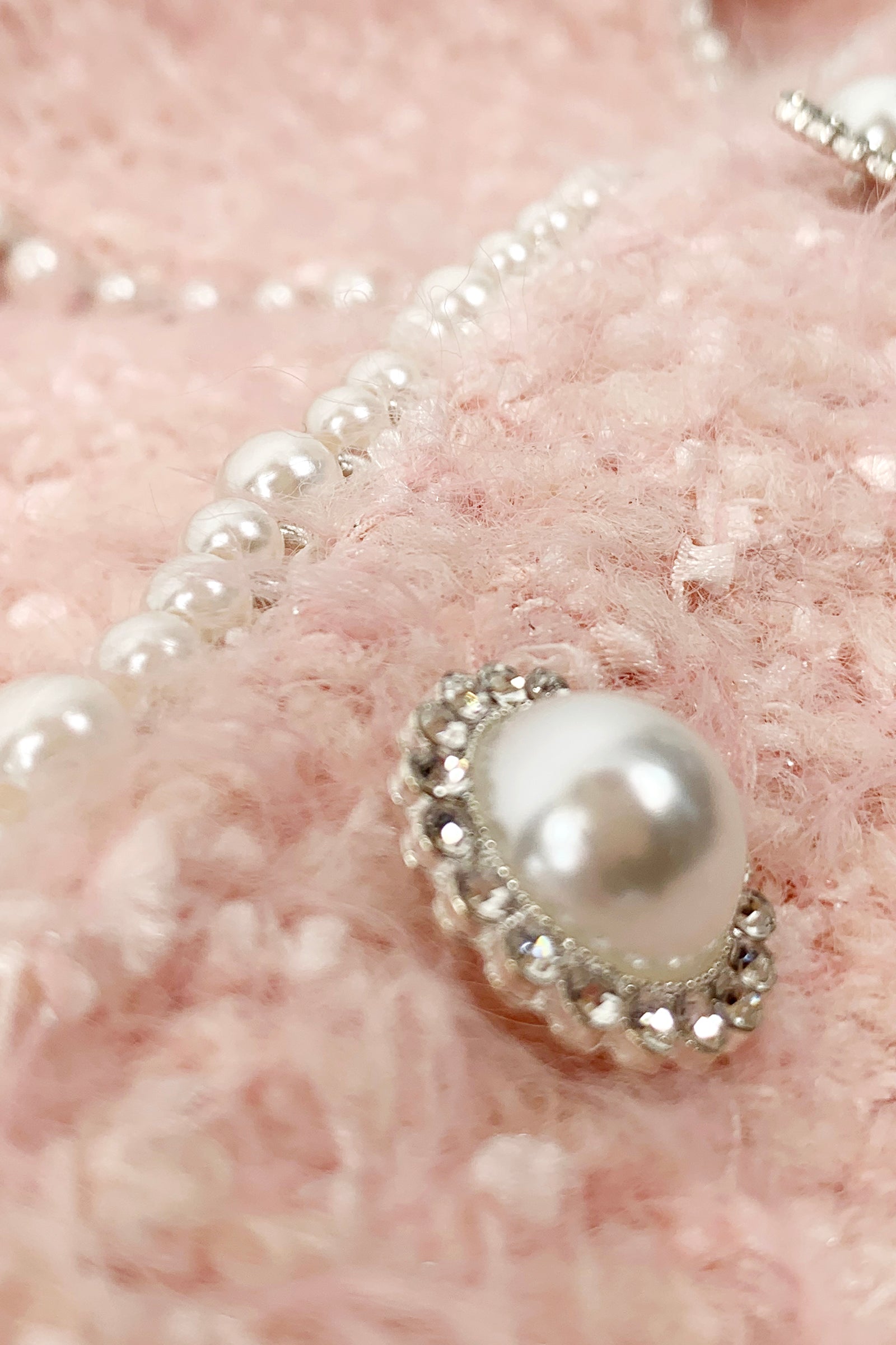 Misty Rose Wool-Blend Long Sleeve Button Up Pearl-Trimmed Jacket