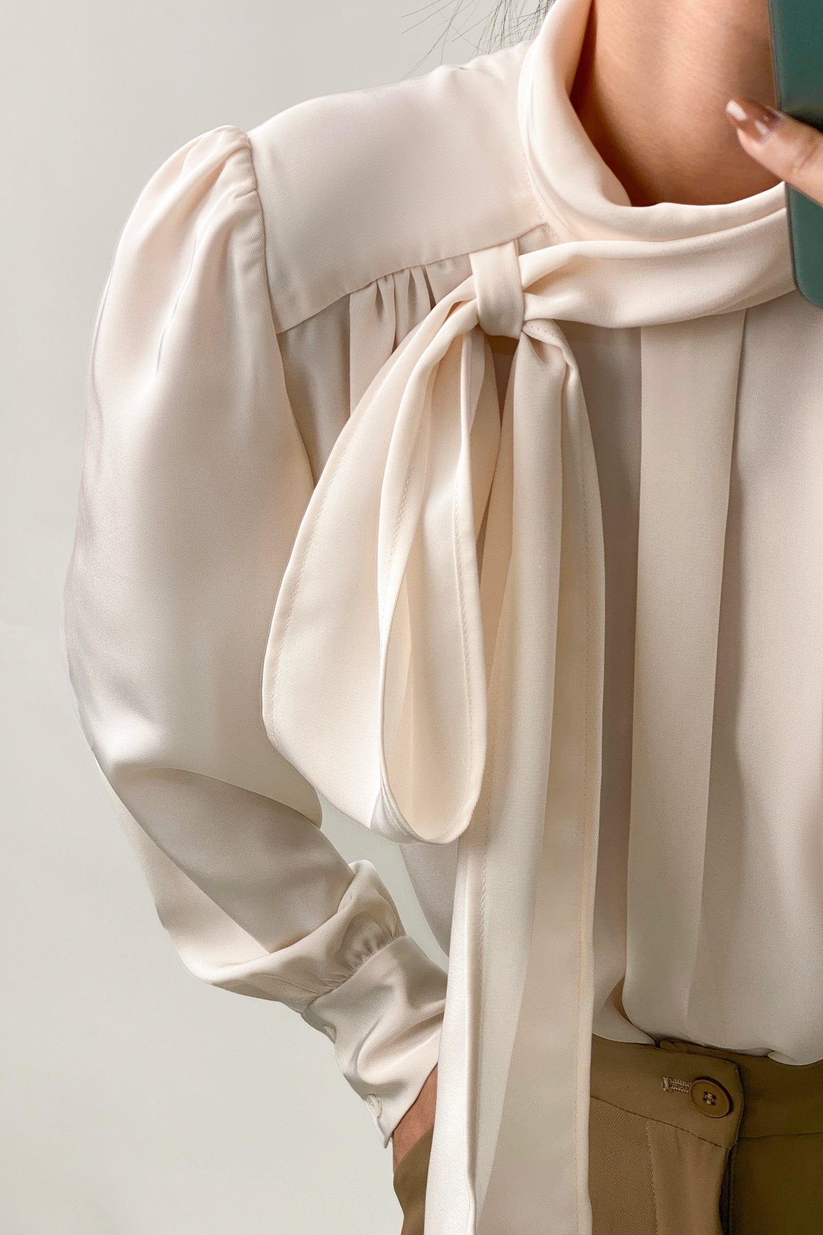 Floral White Satin High Neck Long Sleeve Blouse With Neck Tie