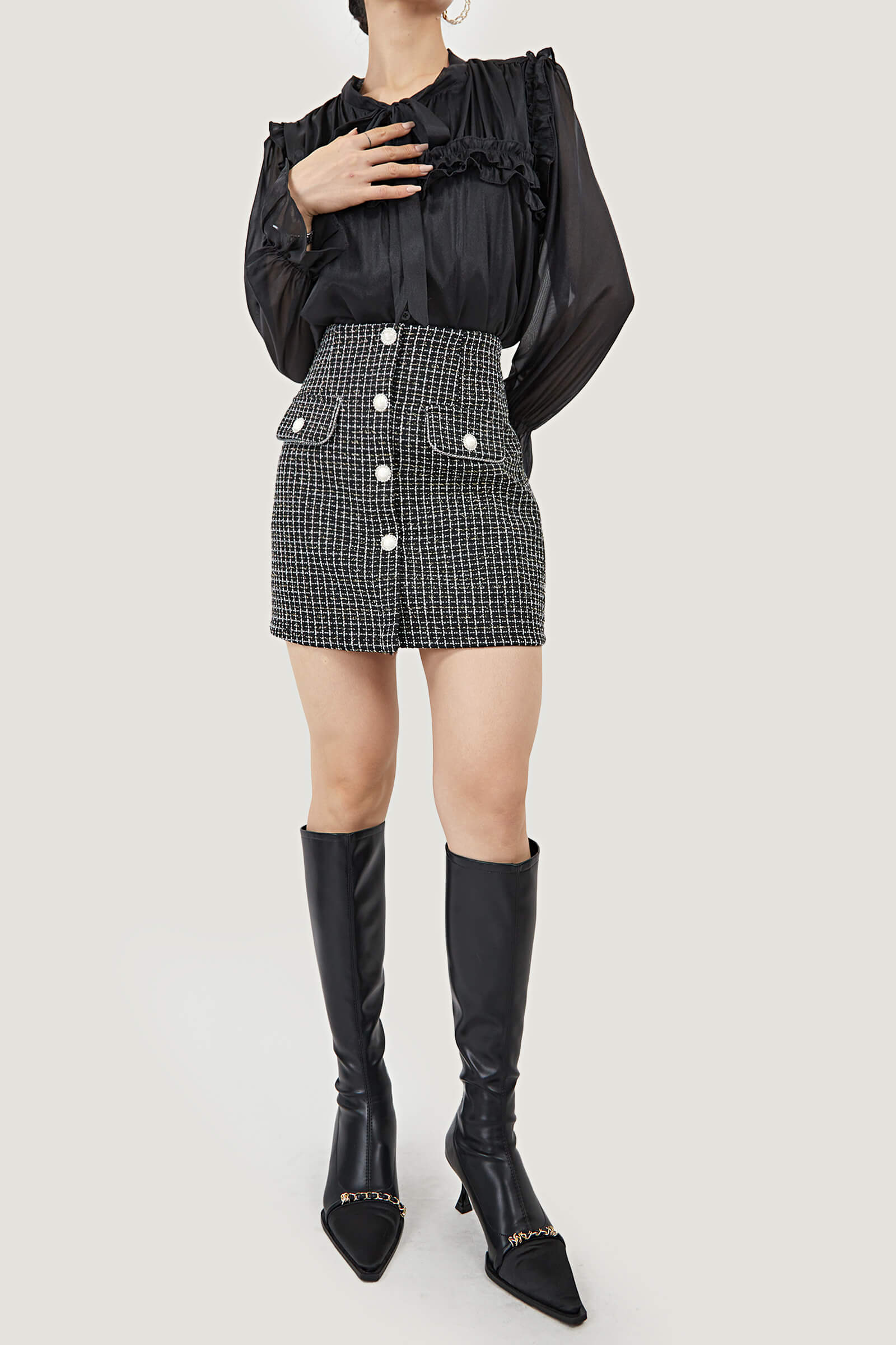 Tie-Neck Ruffle Pleated  Blouse