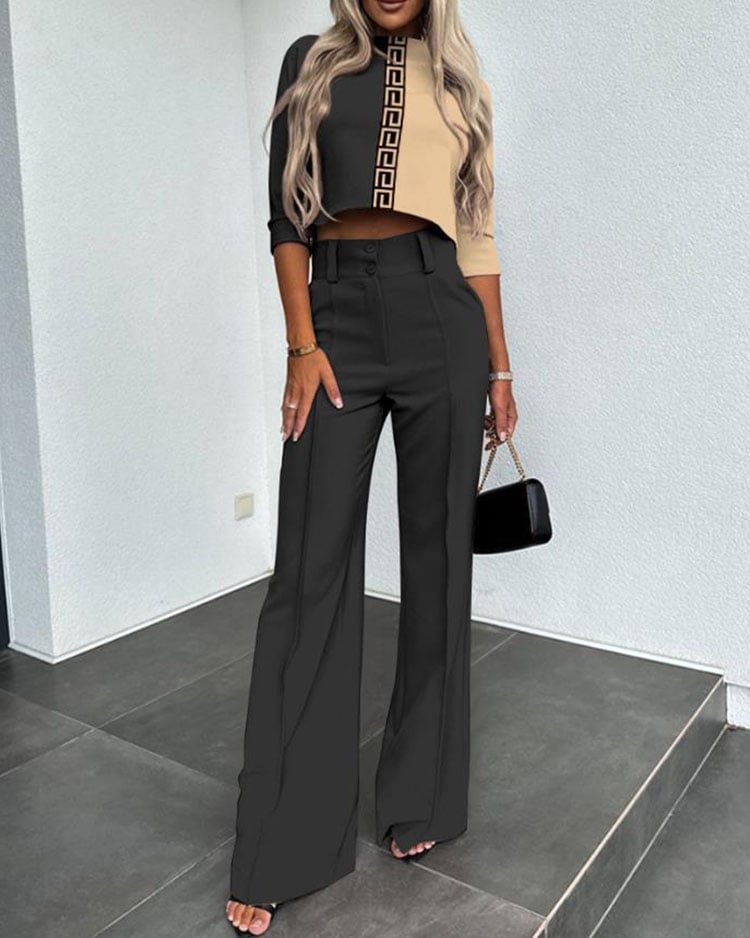Fashionable solid color high waisted straight pants suit