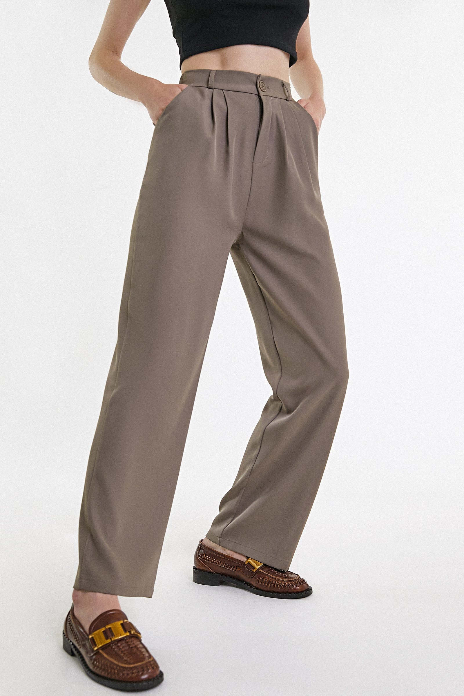 Tan Half Elastic Pleat Detail Wide Leg Suit Pants