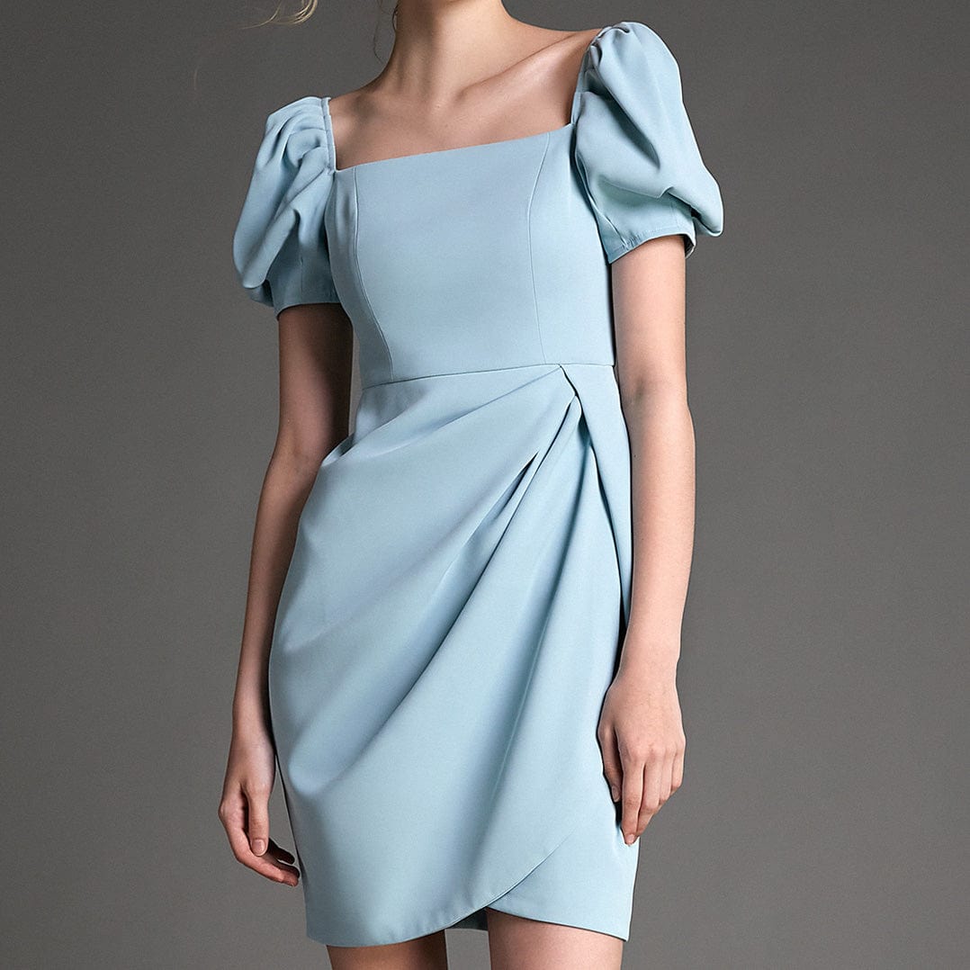 Light Blue Square Neck Puff Sleeve Mini Dress