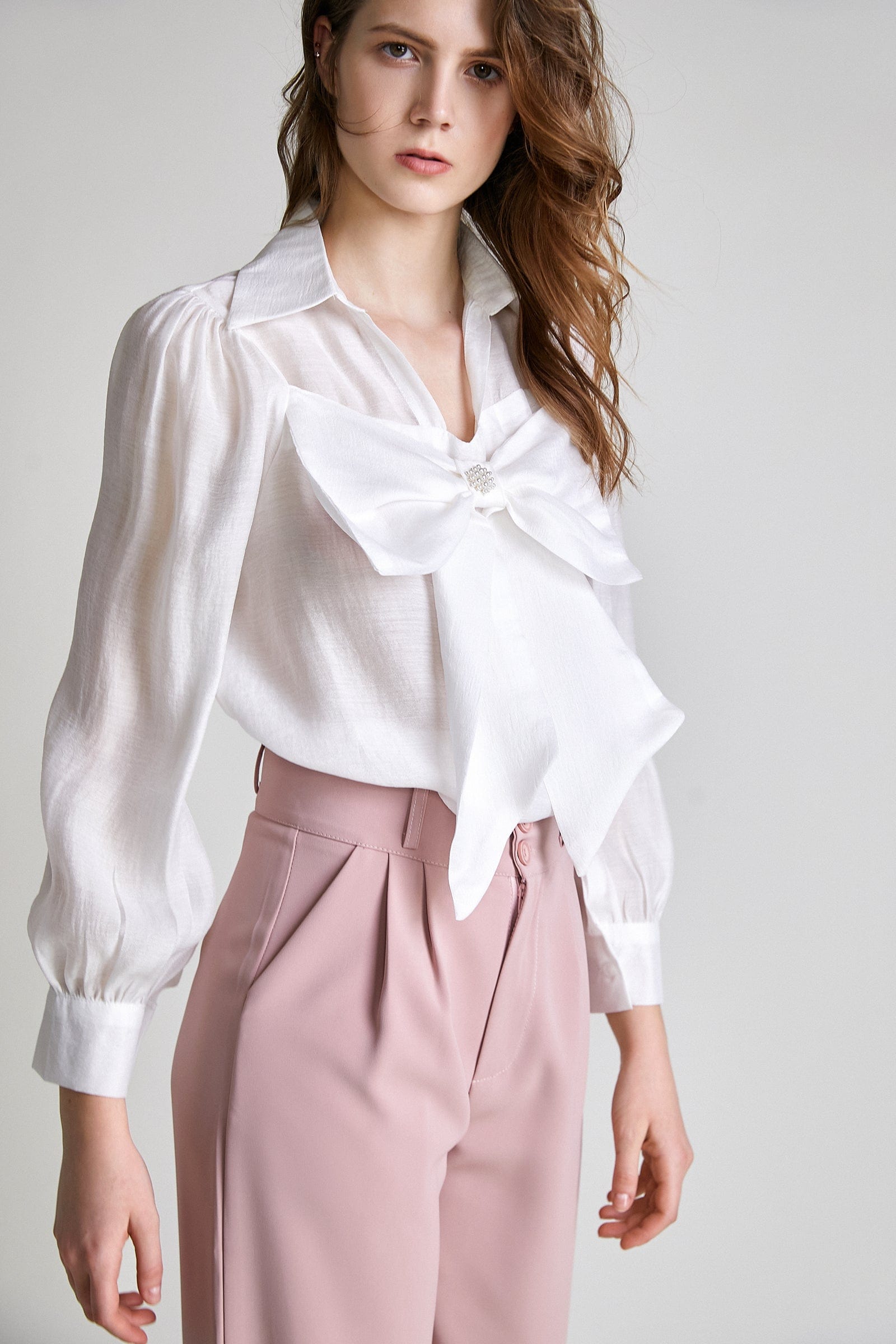 White Bow-Front Collared Blouse