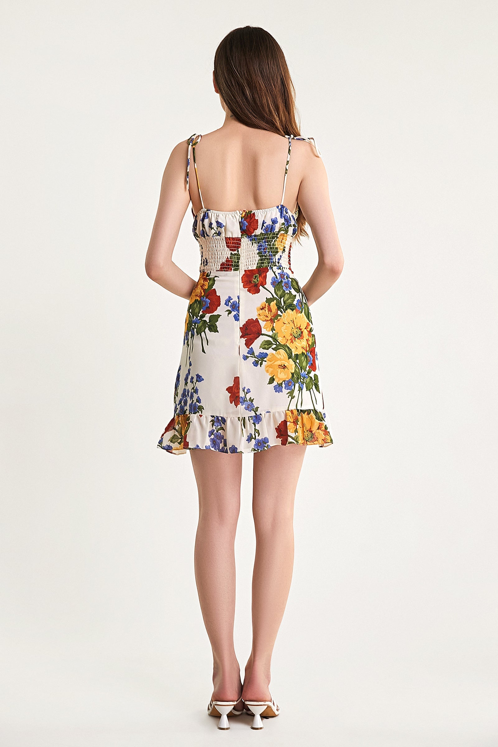 Ivory Floral Print Tie Strap Ruffled Hem Mini Dress