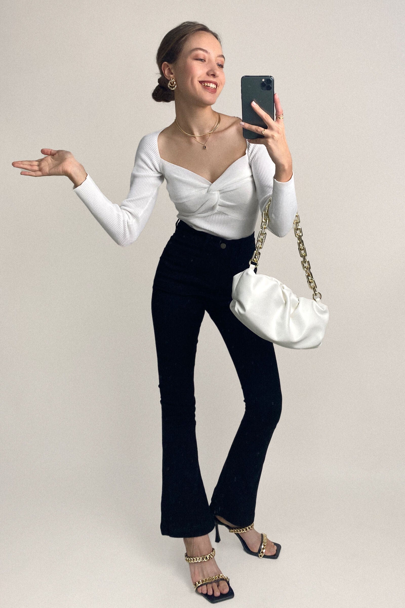 White Twist Front Ribbed Knit Sweater