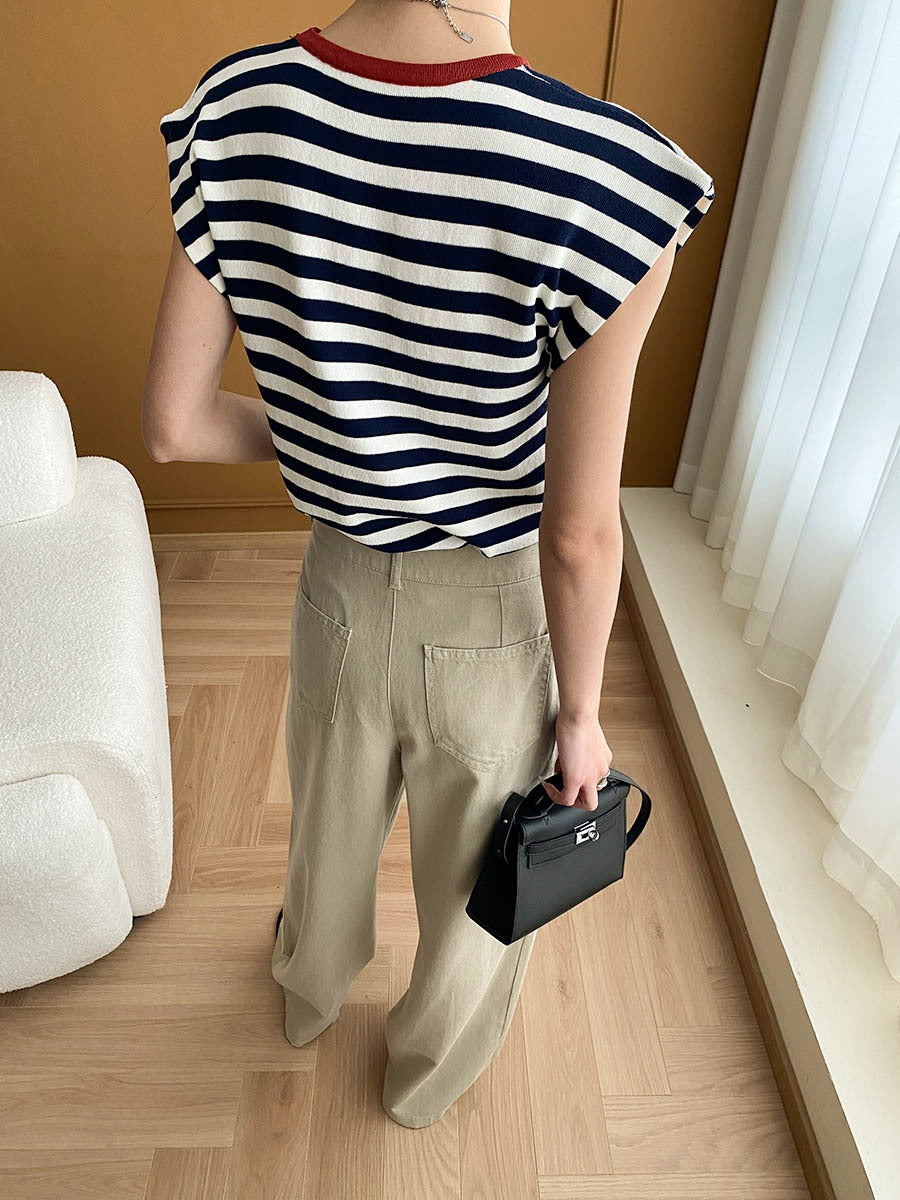 French Layered Striped Small Fly Sleeve Crew Neck Knitted Sweater T-Shirt