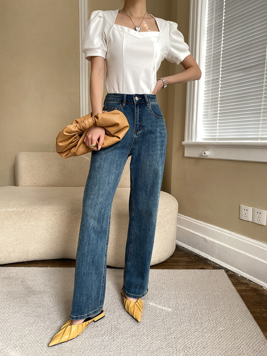 French love square collar bubble short sleeve T-shirt