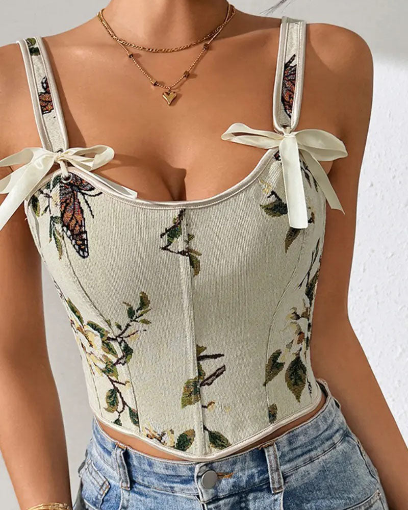 French Style Bow Lace-Up Floral Body Shaper Women's Sling Printed Slim-Fit Vest Corset