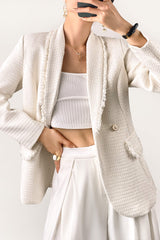 White Shawl Collar Double-Breasted Tweed Blazer