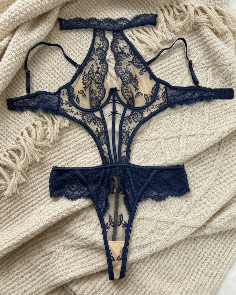 Embroidered Mesh Underwire Backless Bodysuit