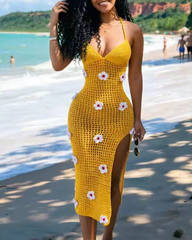 Women's Knitted Crochet Spaghetti Strap Slit Beach Maxi Dress