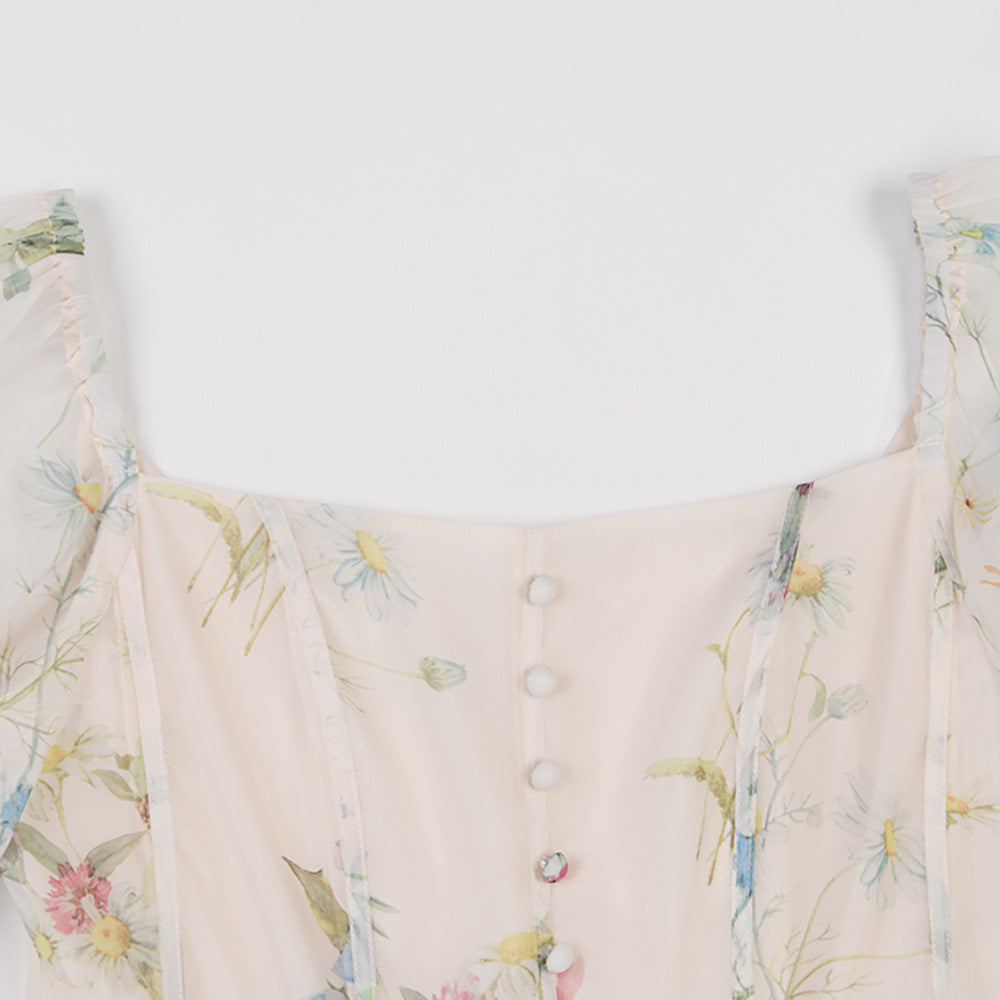 French Print Long-Sleeved Dress