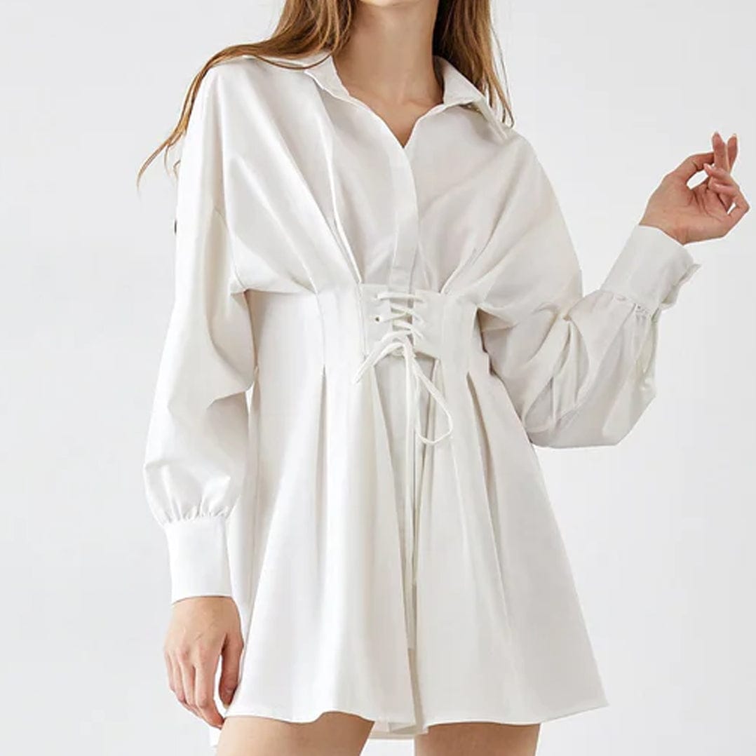 Adalie White Cinched Waist Shirt Dress