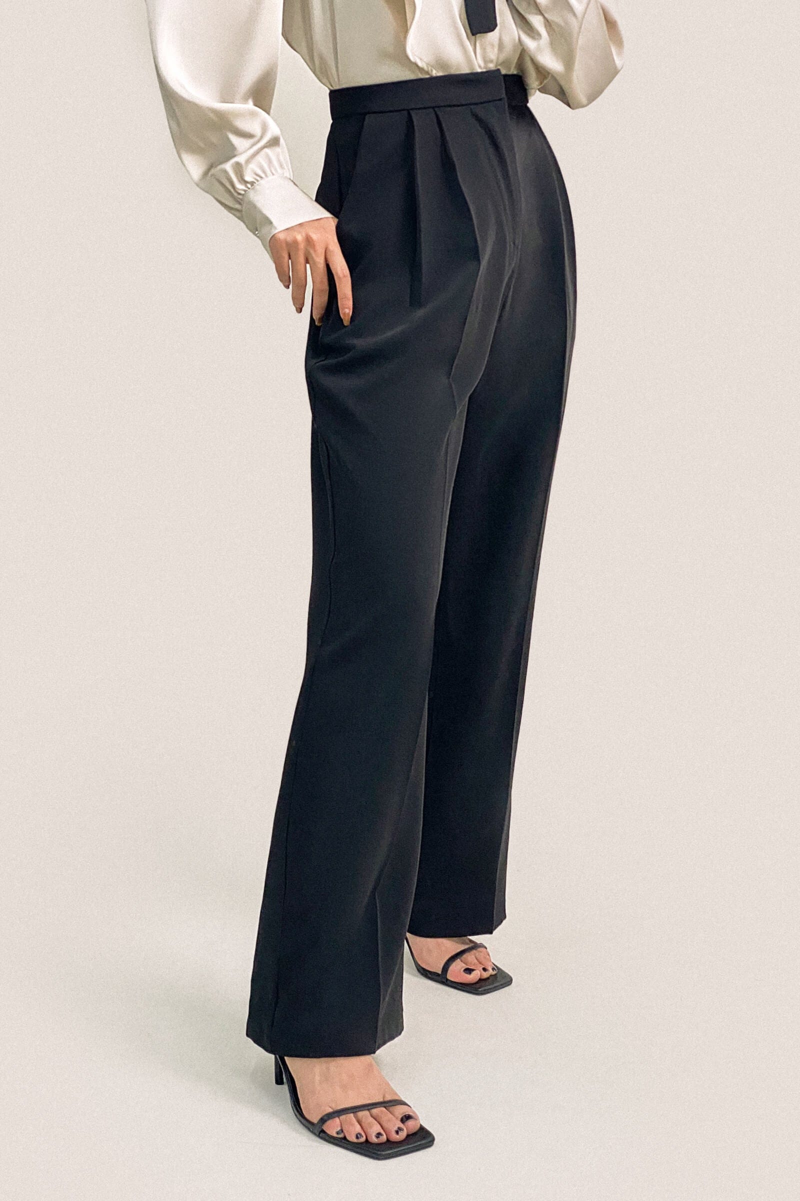 Black Pleat Detail Wide Leg Work Pants