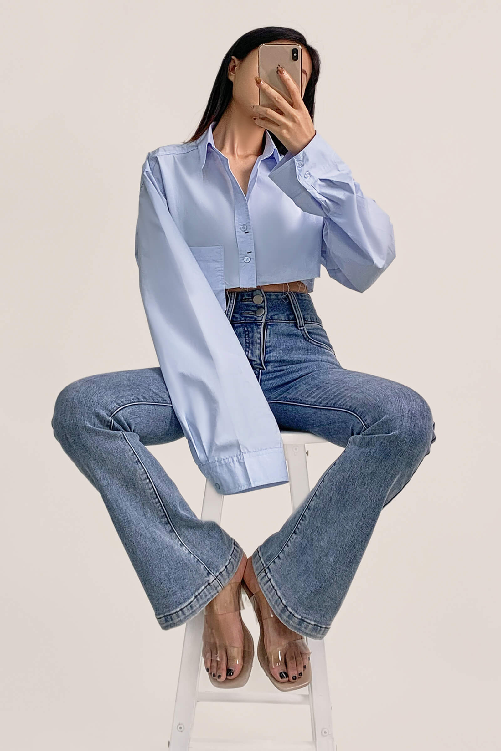 Light Blue Pocket Detail Cropped Shirt