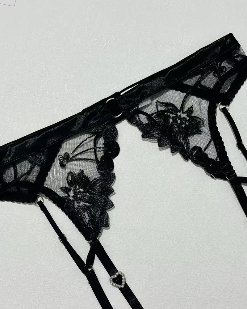 Embroidered Cutout Rhinestone Heart Halter Lingerie Set