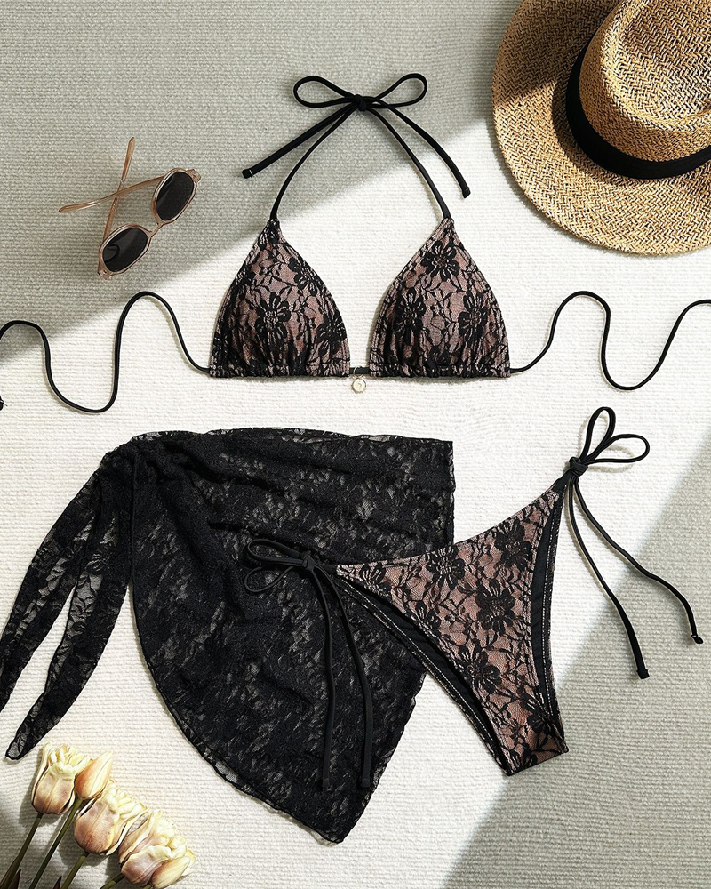 Lace Composite Fabric Mesh Bikini Set with Cover-Up Skirt