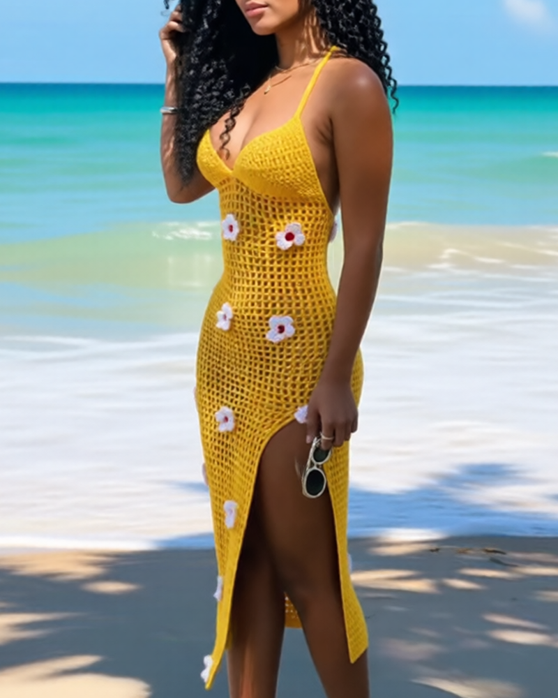 Women's Knitted Crochet Spaghetti Strap Slit Beach Maxi Dress