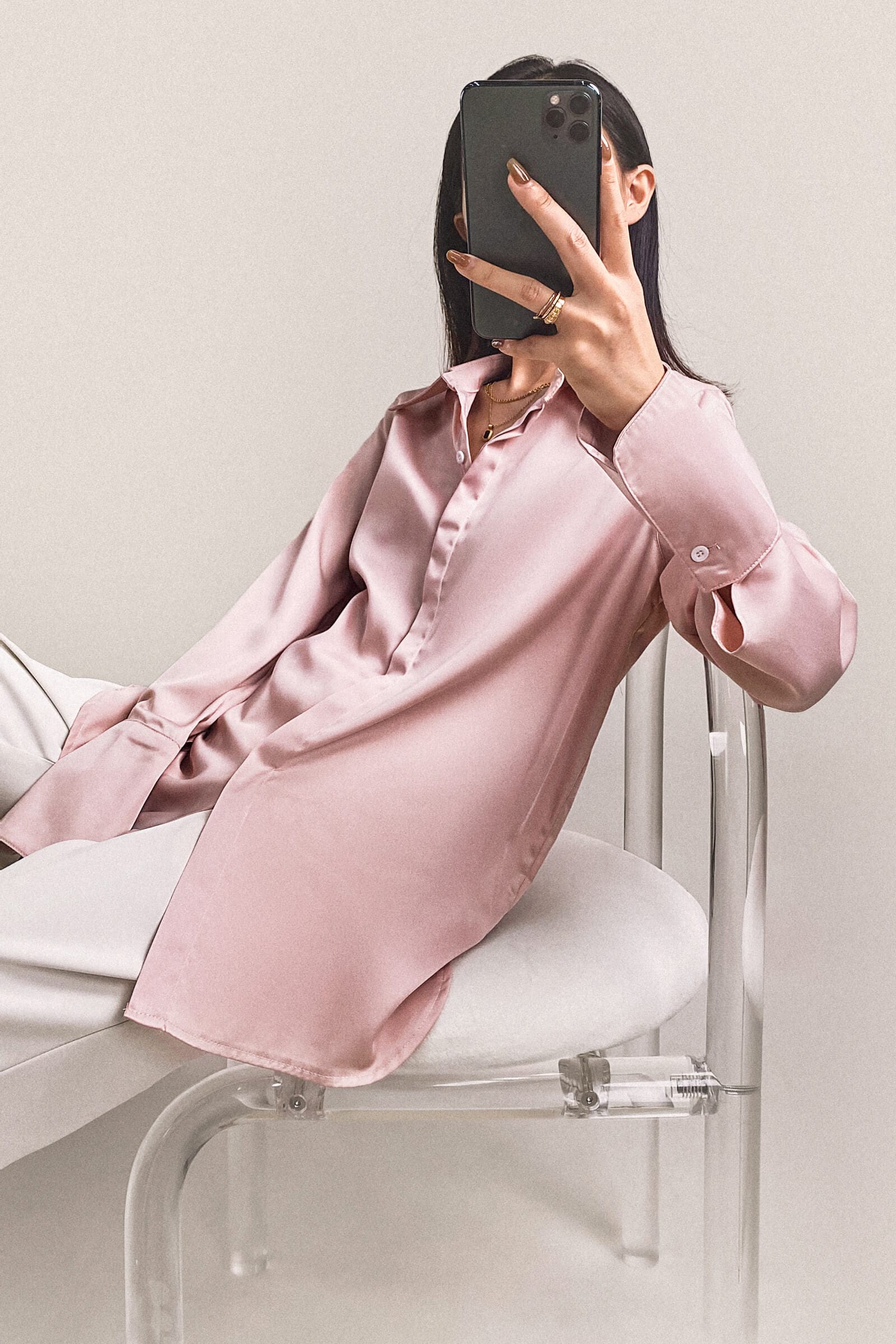 Pink Button-Up Satin Work Shirt