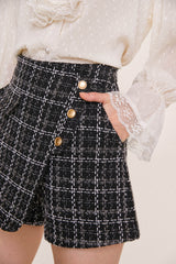 Black Checked Button Detail Tweed Skort