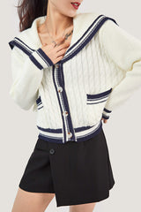 Ivory Sailor Collar Striped Trim Ribbed  Cardigan