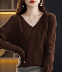 V-Neck Pullover Long Sleeve Solid Color Cashmere Sweater