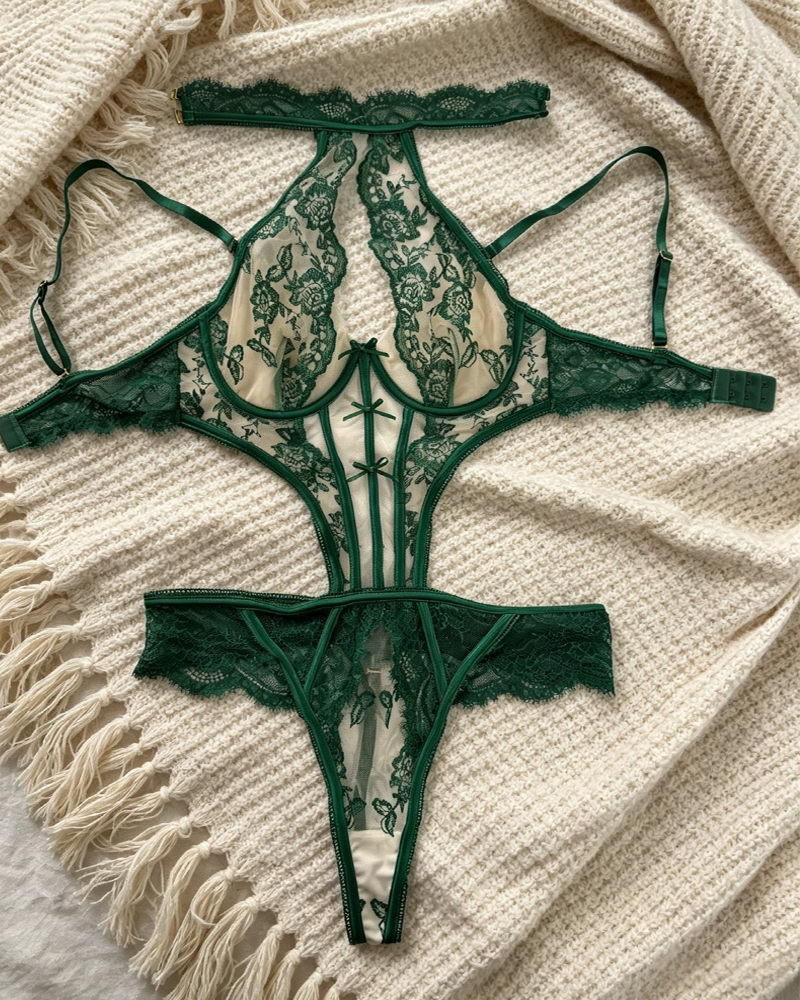 Embroidered Mesh Underwire Backless Bodysuit