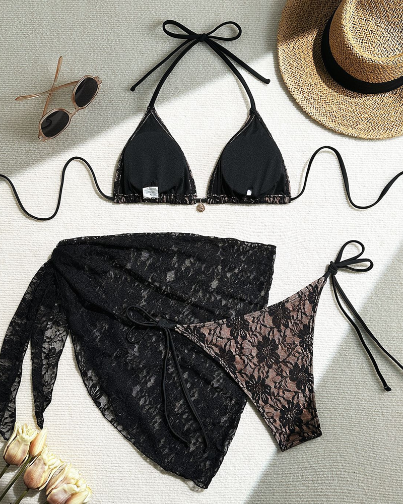 Lace Composite Fabric Mesh Bikini Set with Cover-Up Skirt