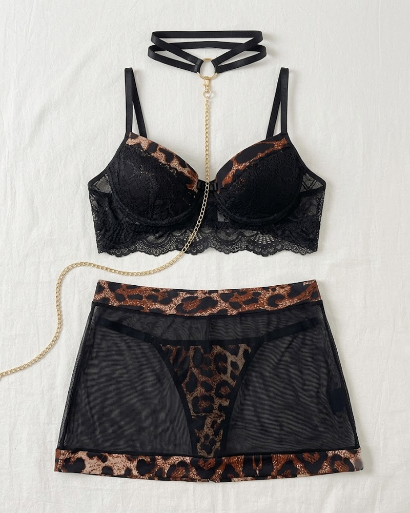 Lace Mesh Leopard Print Sheer Mini Skirt Lingerie Set