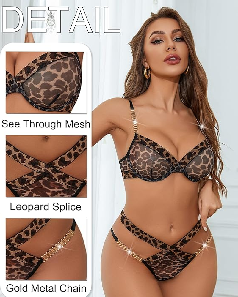 Leopard Print Sheer Mesh Chain Strap Lingerie Set