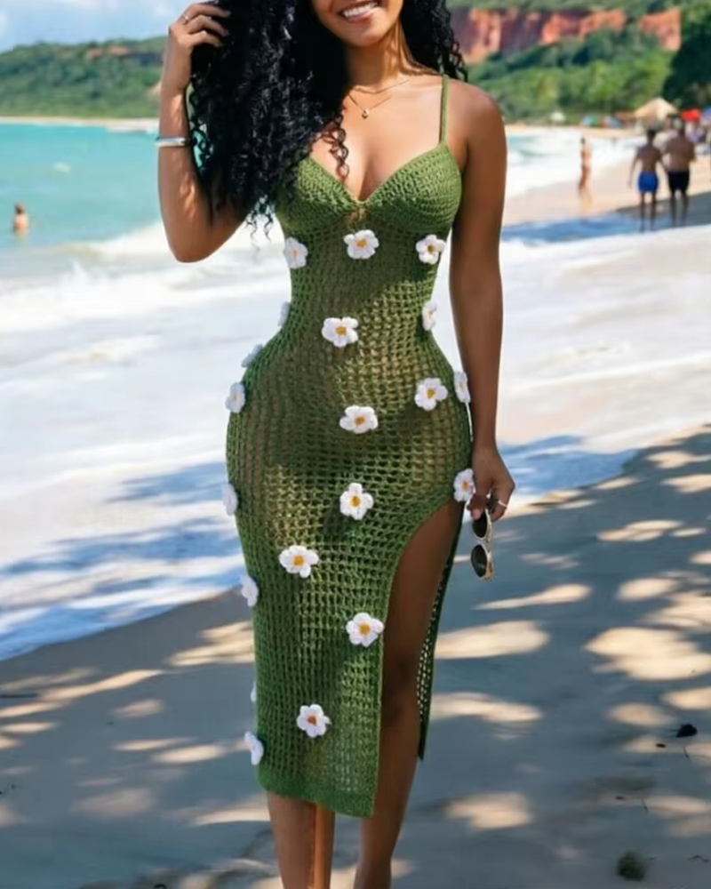 Women's Knitted Crochet Spaghetti Strap Slit Beach Maxi Dress