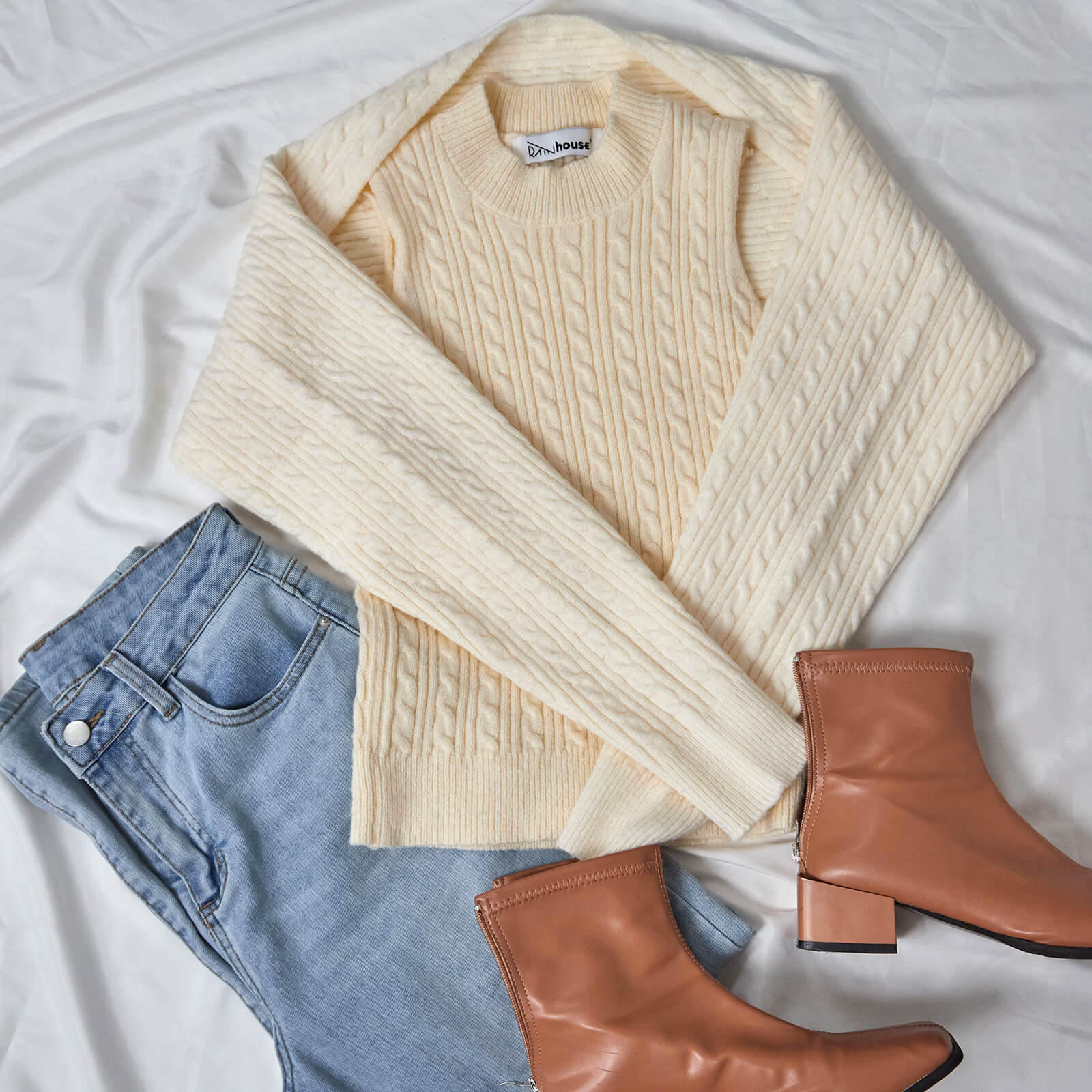 Ivory Cable Knit Shrug Cardigan & Vest Two-Piece Set