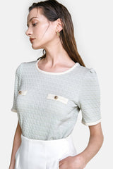 Light Green Textured Contrast Binding Short Sleeve Blouse